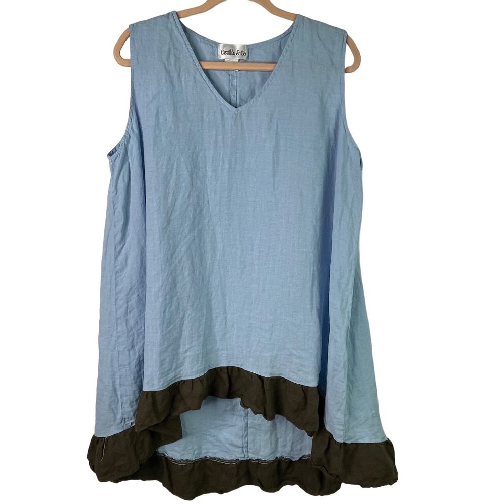 Camille‎ and Co Tunic Top Lagenlook Linen Blue Brown Sleeveless Size L Boho